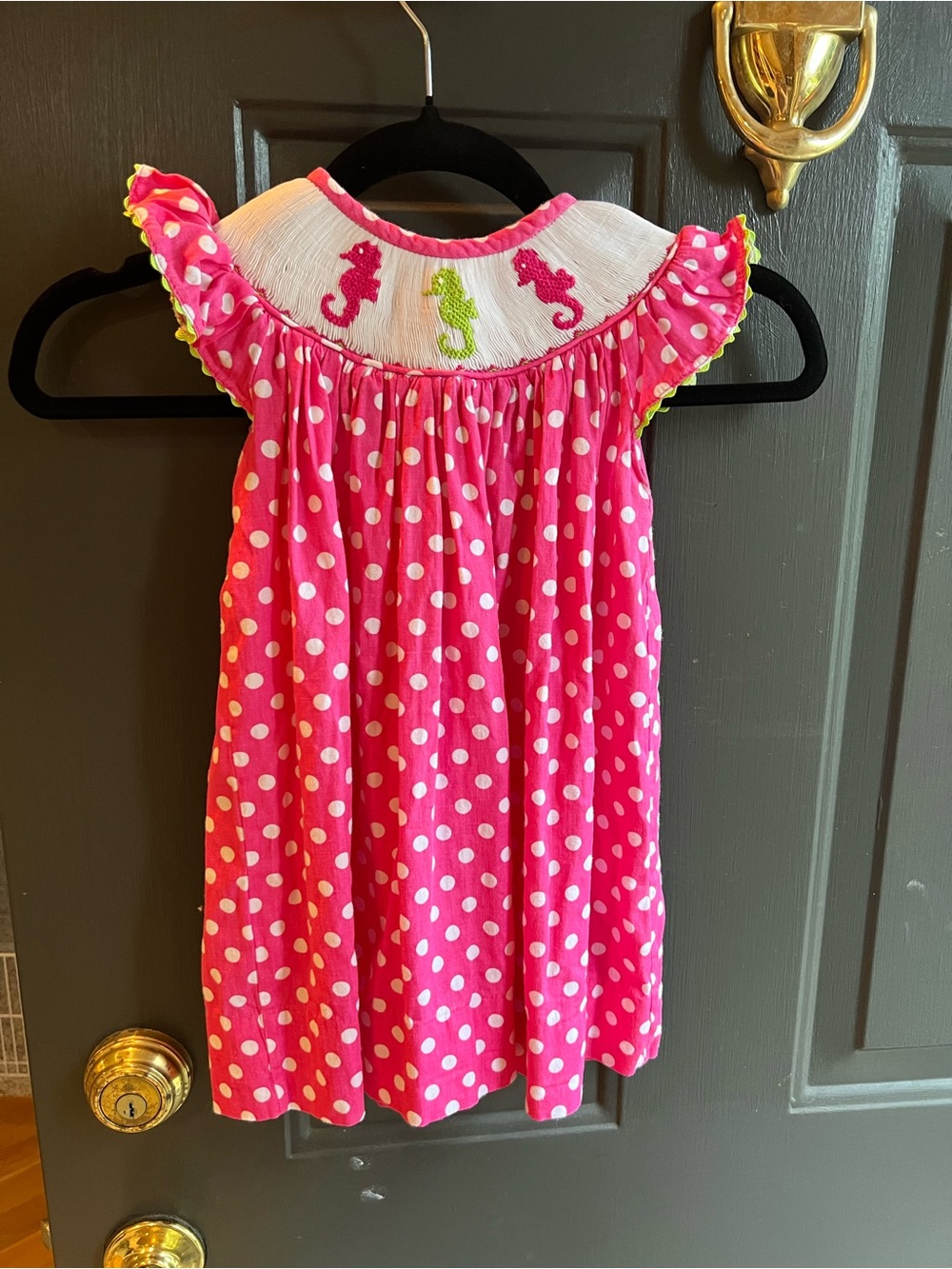 Dibble Dabble. Hot Pink Polka Dot Smocked Seahorse Dress.